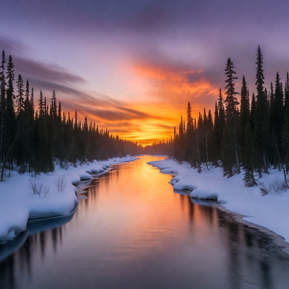 Snowy River Sunset with Pine Trees Snowy River Sunset with Pine Trees