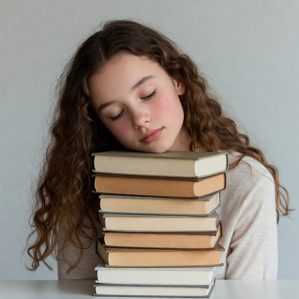 Girl sleeping on stack of books Girl sleeping on stack of books