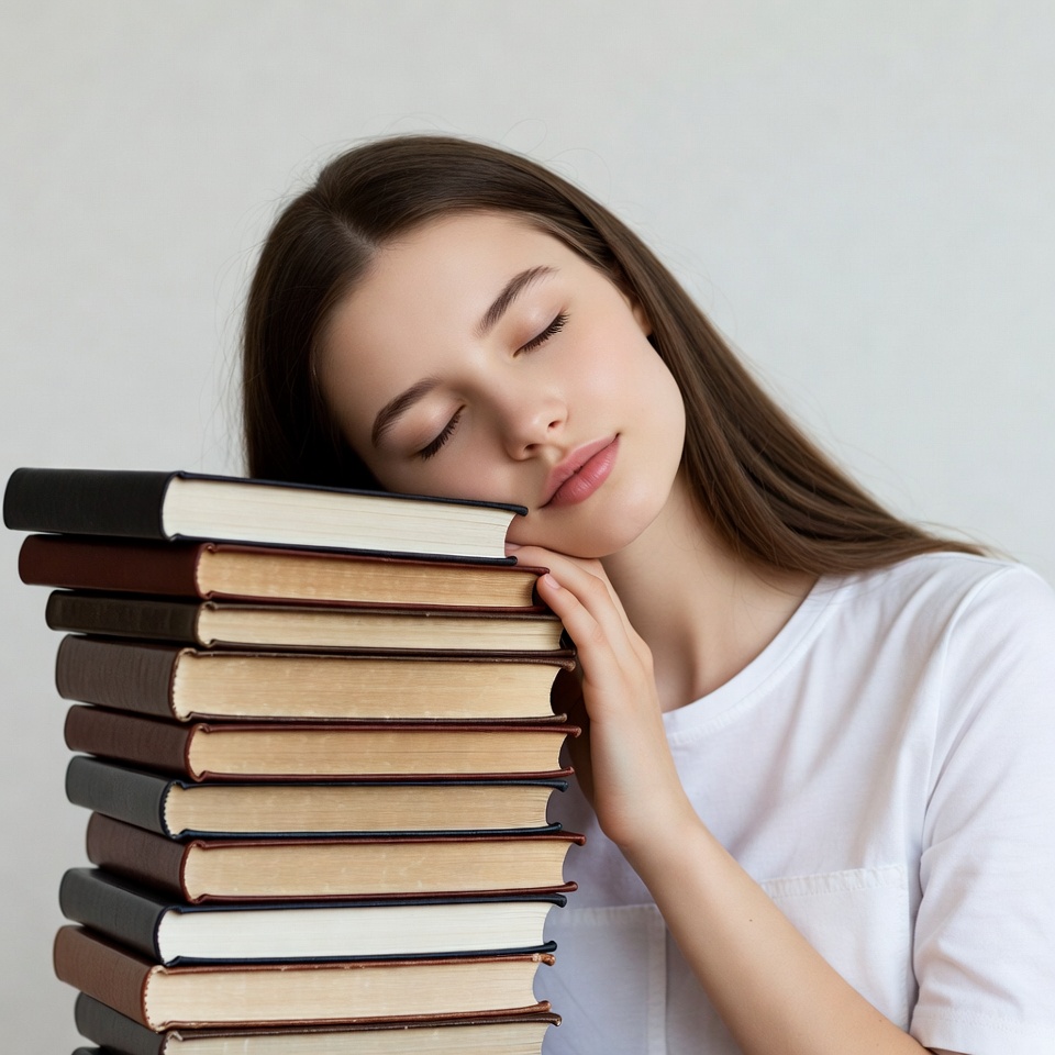 Young woman sleeping on stack of books Young woman sleeping on stack of books