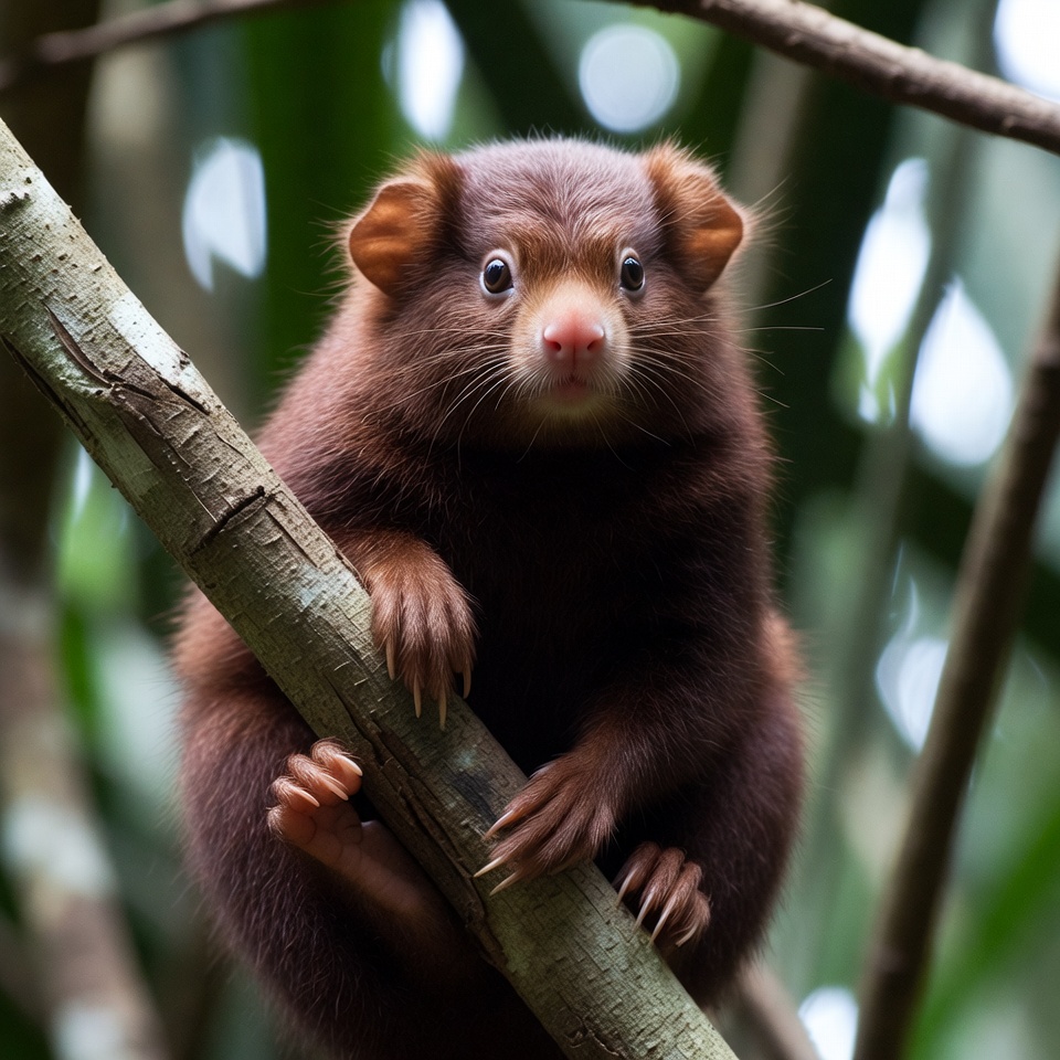 Brown furry animal clinging to branch Brown furry animal clinging to branch