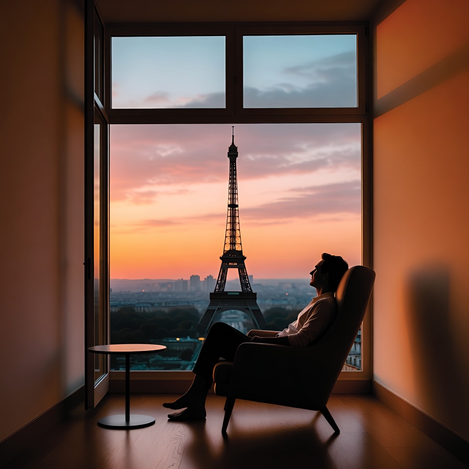 Man relaxing in chair with Eiffel Tower view Man relaxing in chair with Eiffel Tower view