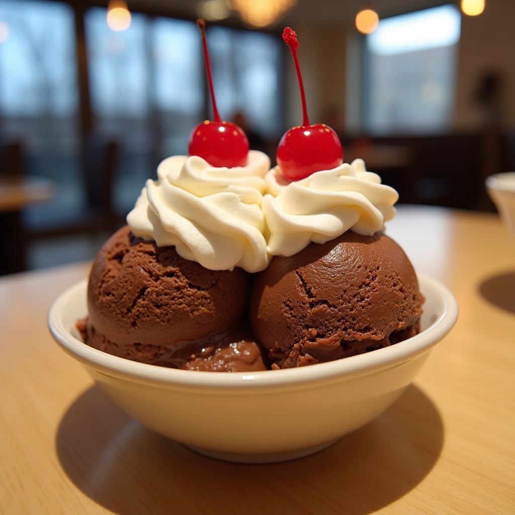 Chocolate Ice Cream with Whipped Cream and Cherries Chocolate Ice Cream with Whipped Cream and Cherries