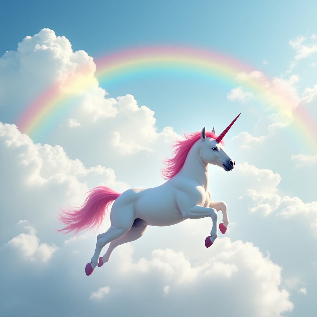 Pink-maned unicorn leaping over rainbow Pink-maned unicorn leaping over rainbow