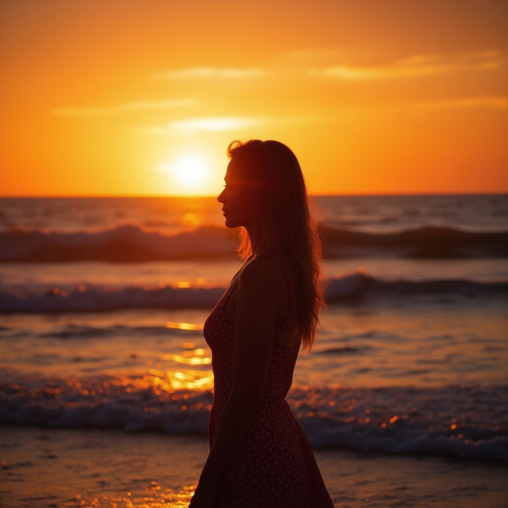 Woman silhouette at beach sunset Woman silhouette at beach sunset