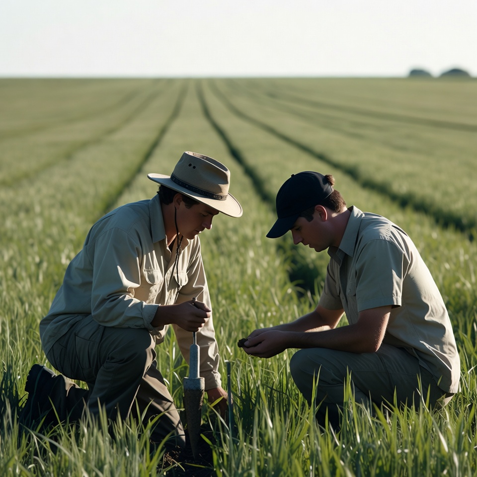 Two farmers examining soil probe in wheat field Two farmers examining soil probe in wheat field