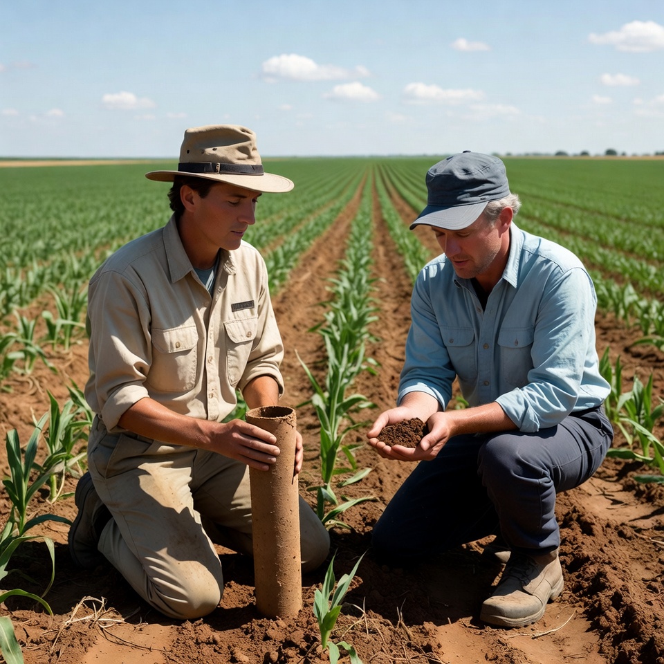 Farmers examining corn seedlings in field Farmers examining corn seedlings in field