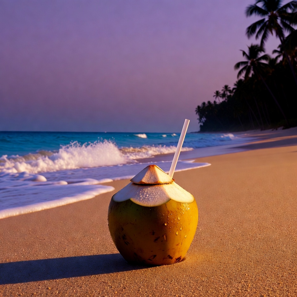 Coconut with Straw on Tropical Beach Coconut with Straw on Tropical Beach
