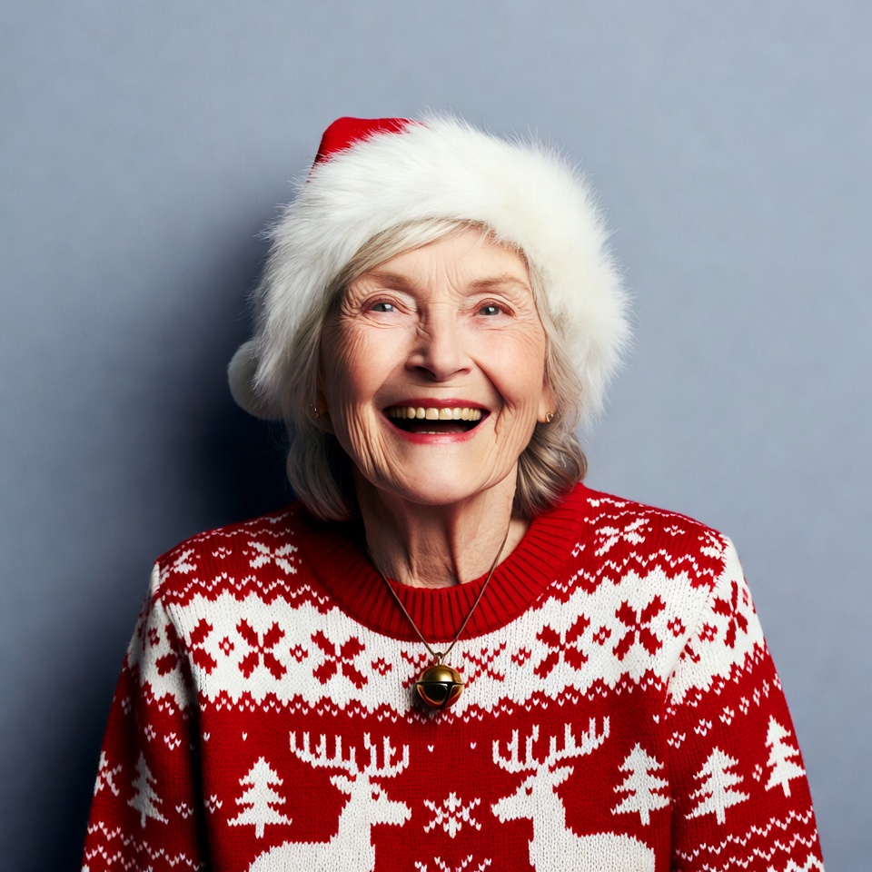 Elderly woman in Santa hat smiling Elderly woman in Santa hat smiling