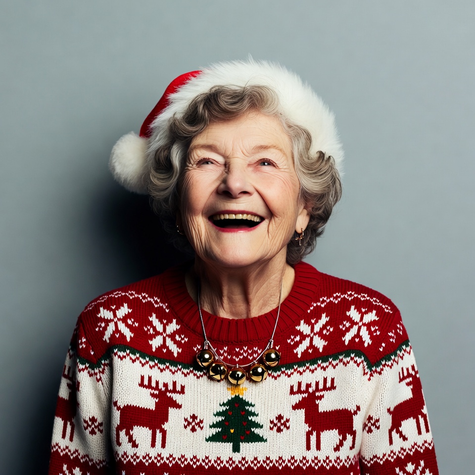 Elderly woman smiling in Christmas sweater Elderly woman smiling in Christmas sweater