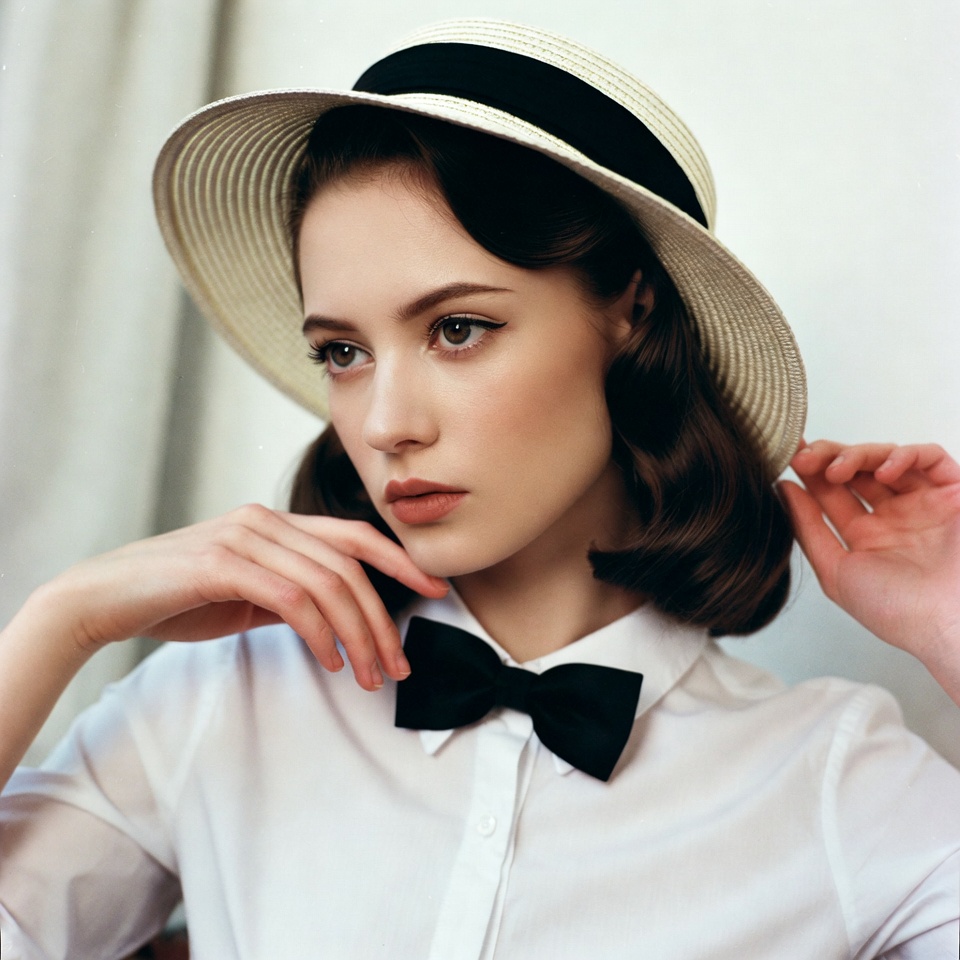 Woman in straw hat and bow tie Woman in straw hat and bow tie
