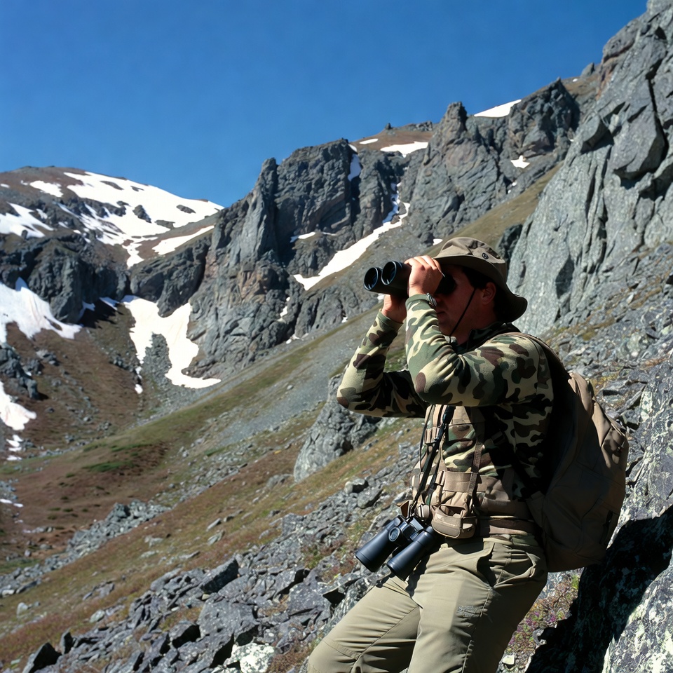 Man using binoculars in mountains Man using binoculars in mountains