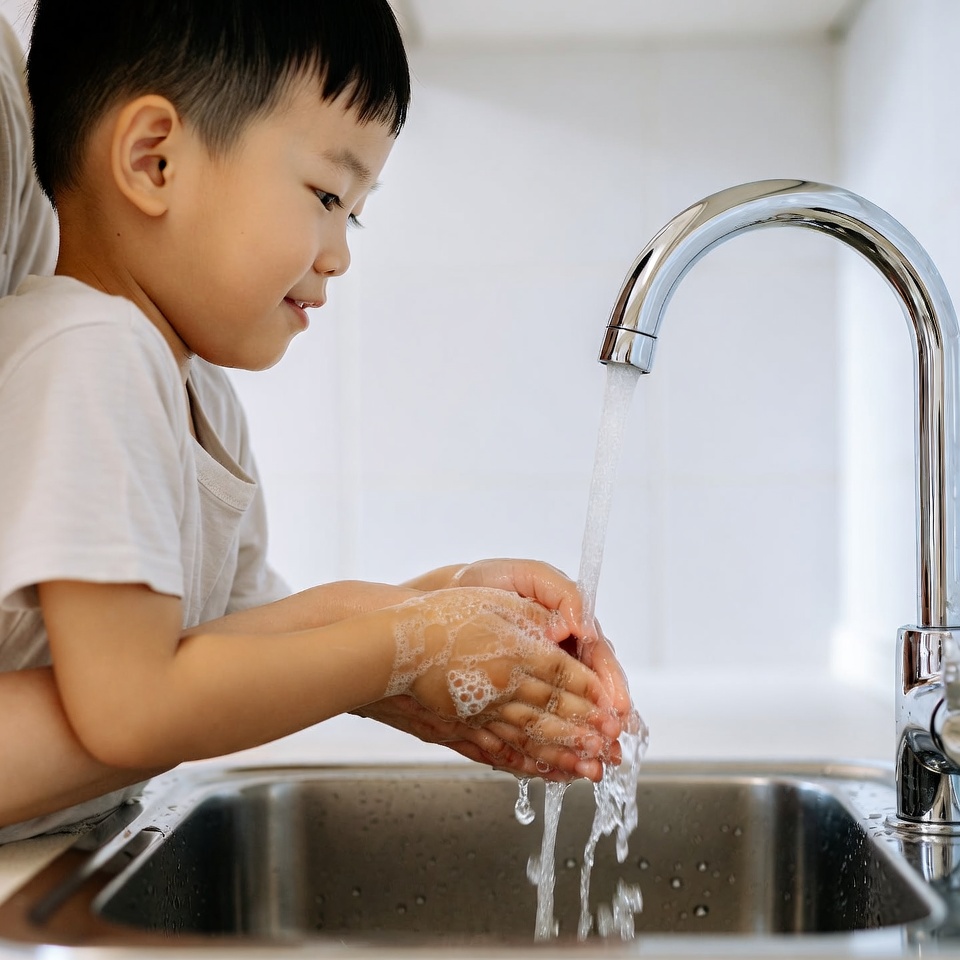 Asian boy washing hands at sink Asian boy washing hands at sink