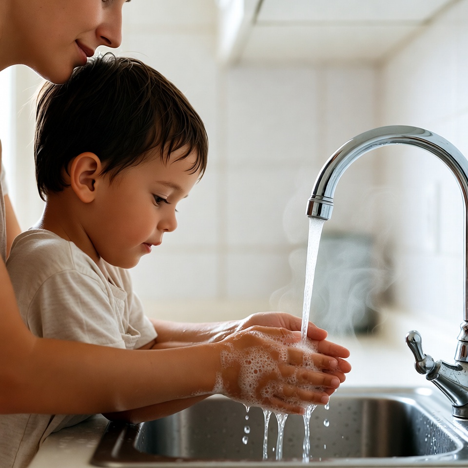 Mother helping boy wash hands Mother helping boy wash hands