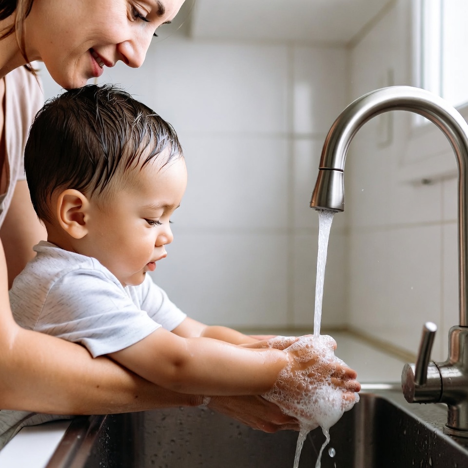 Mother helping toddler wash hands Mother helping toddler wash hands