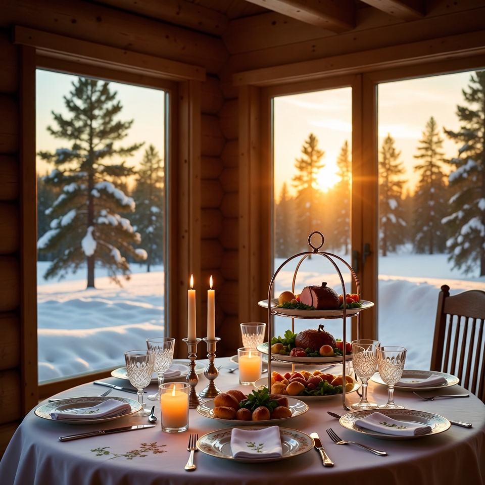 Cozy Wooden Cabin Dinner Table Sunset View Cozy Wooden Cabin Dinner Table Sunset View