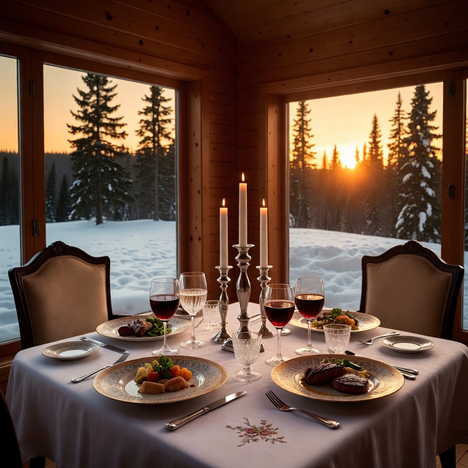 Romantic Candlelit Dinner in Snowy Cabin Romantic Candlelit Dinner in Snowy Cabin