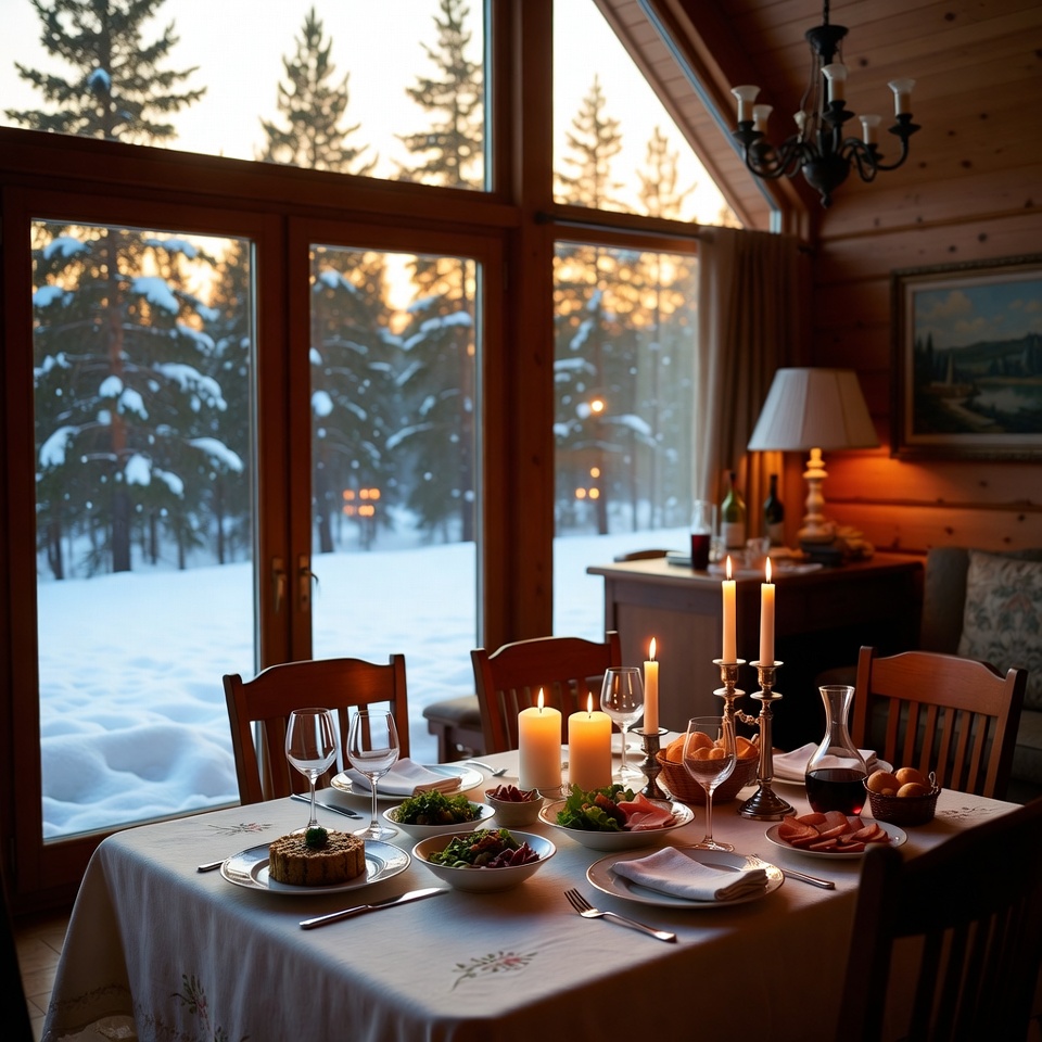 Cozy Wooden Cabin Dining Table Sunset Cozy Wooden Cabin Dining Table Sunset