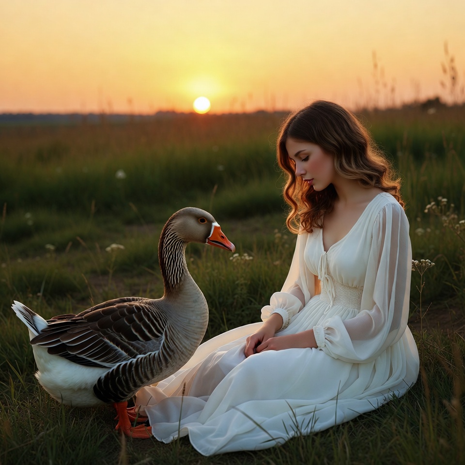 Woman sitting with goose at sunset Woman sitting with goose at sunset