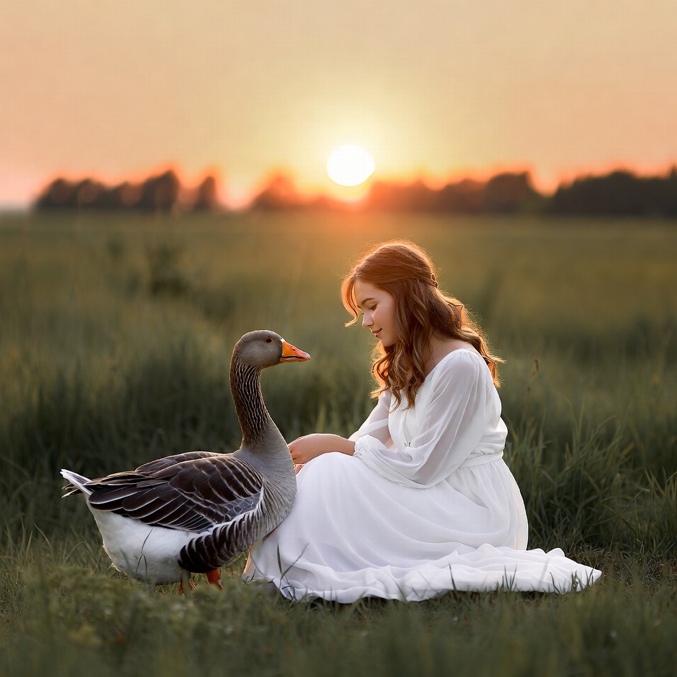 Woman sitting with goose at sunset Woman sitting with goose at sunset