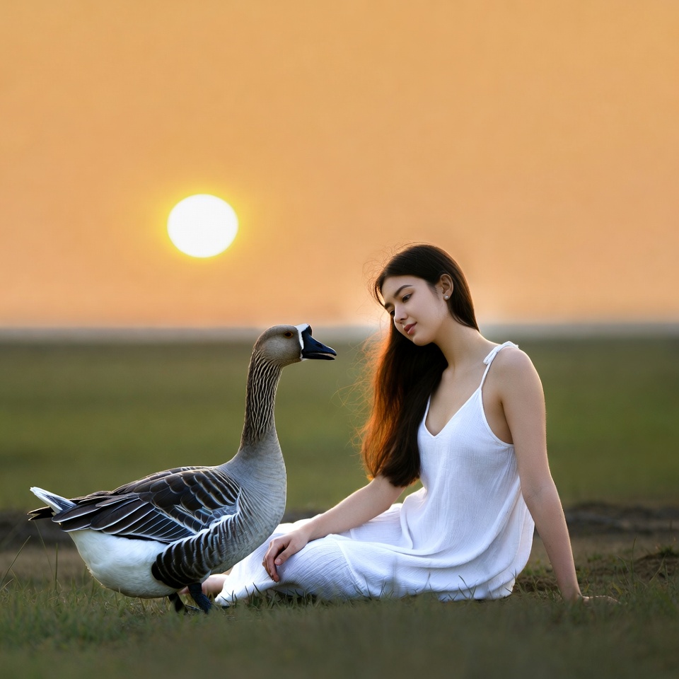 Woman sitting with goose at sunset Woman sitting with goose at sunset