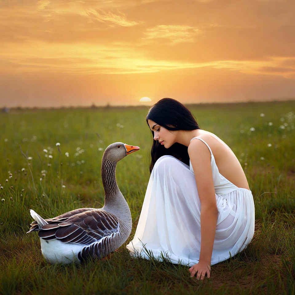 Woman kneeling with goose at sunset Woman kneeling with goose at sunset