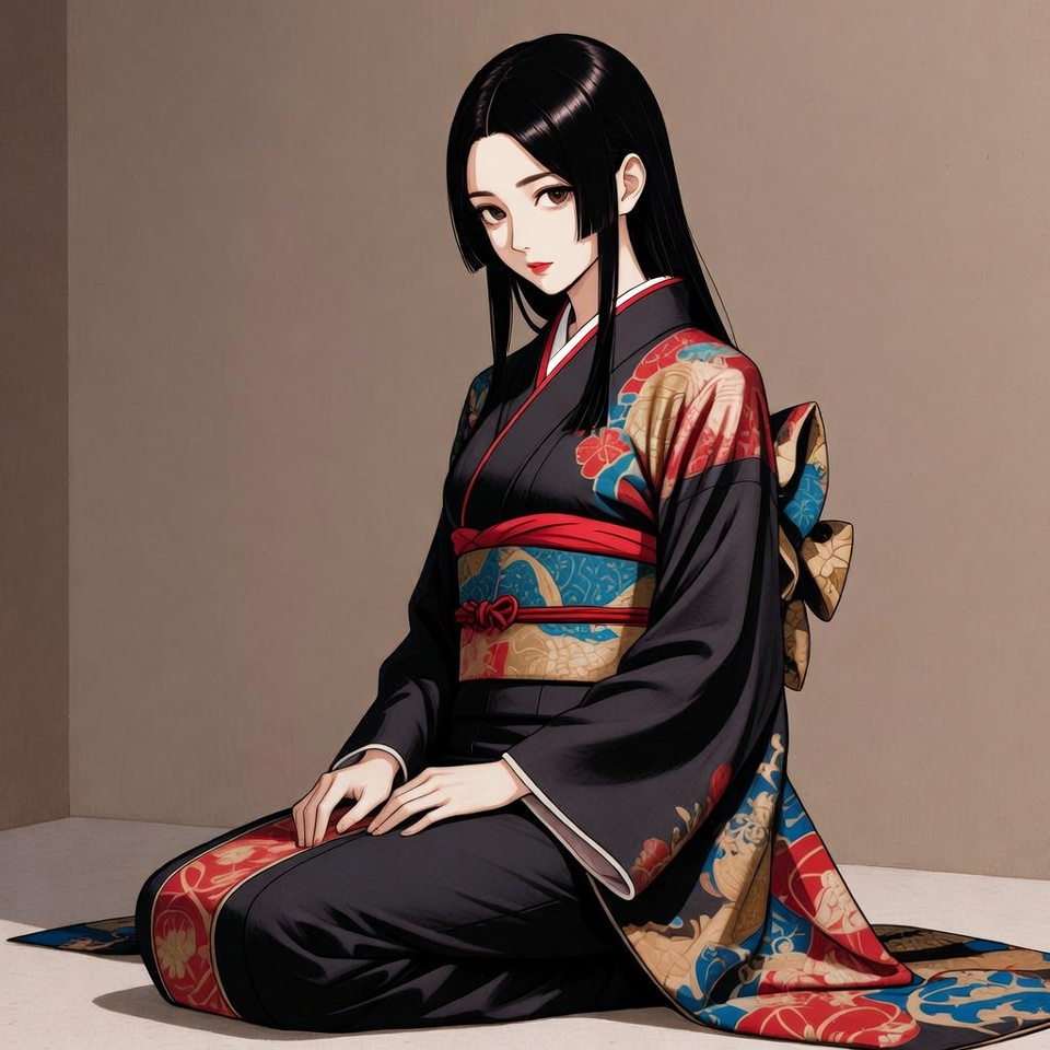 Anime woman in colorful kimono kneeling Anime woman in colorful kimono kneeling