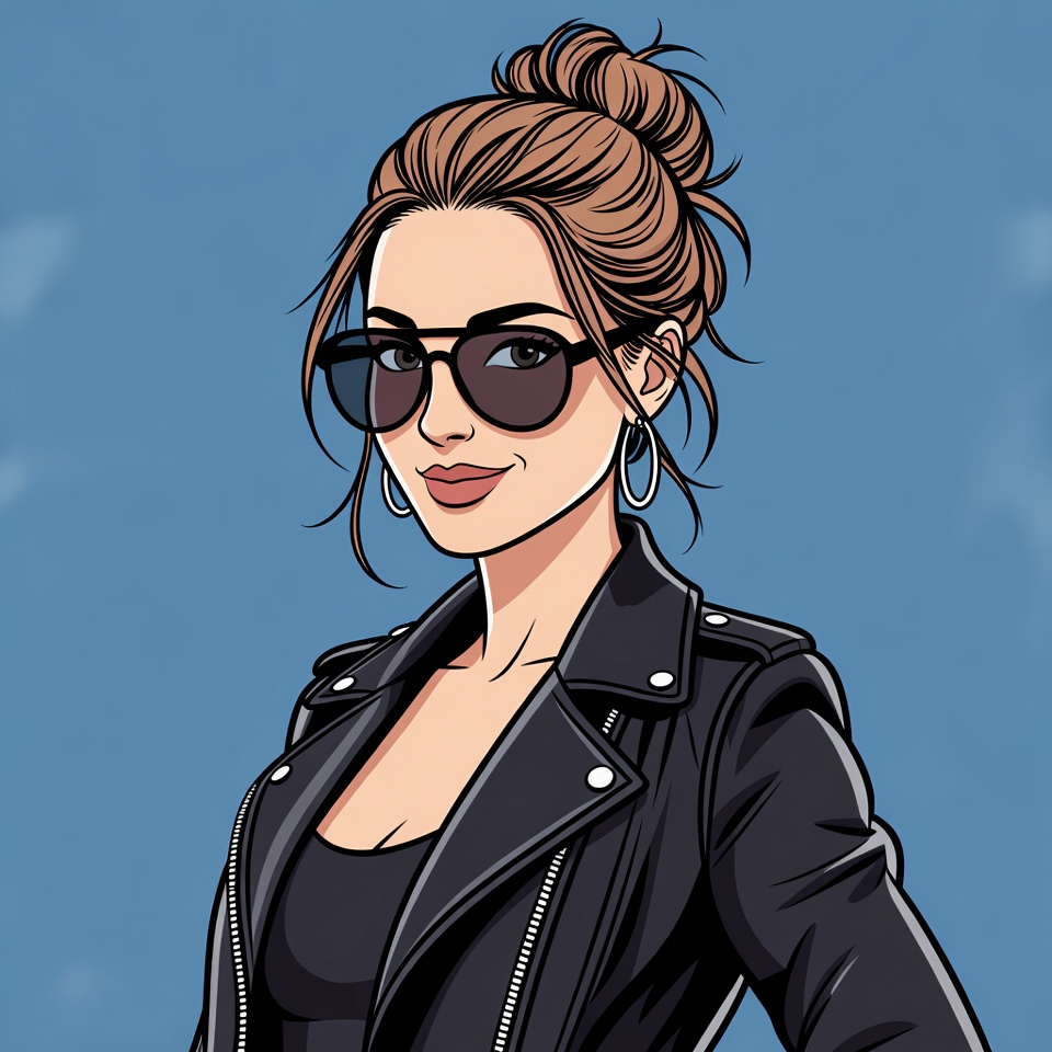 Woman in leather jacket with sunglasses Woman in leather jacket with sunglasses