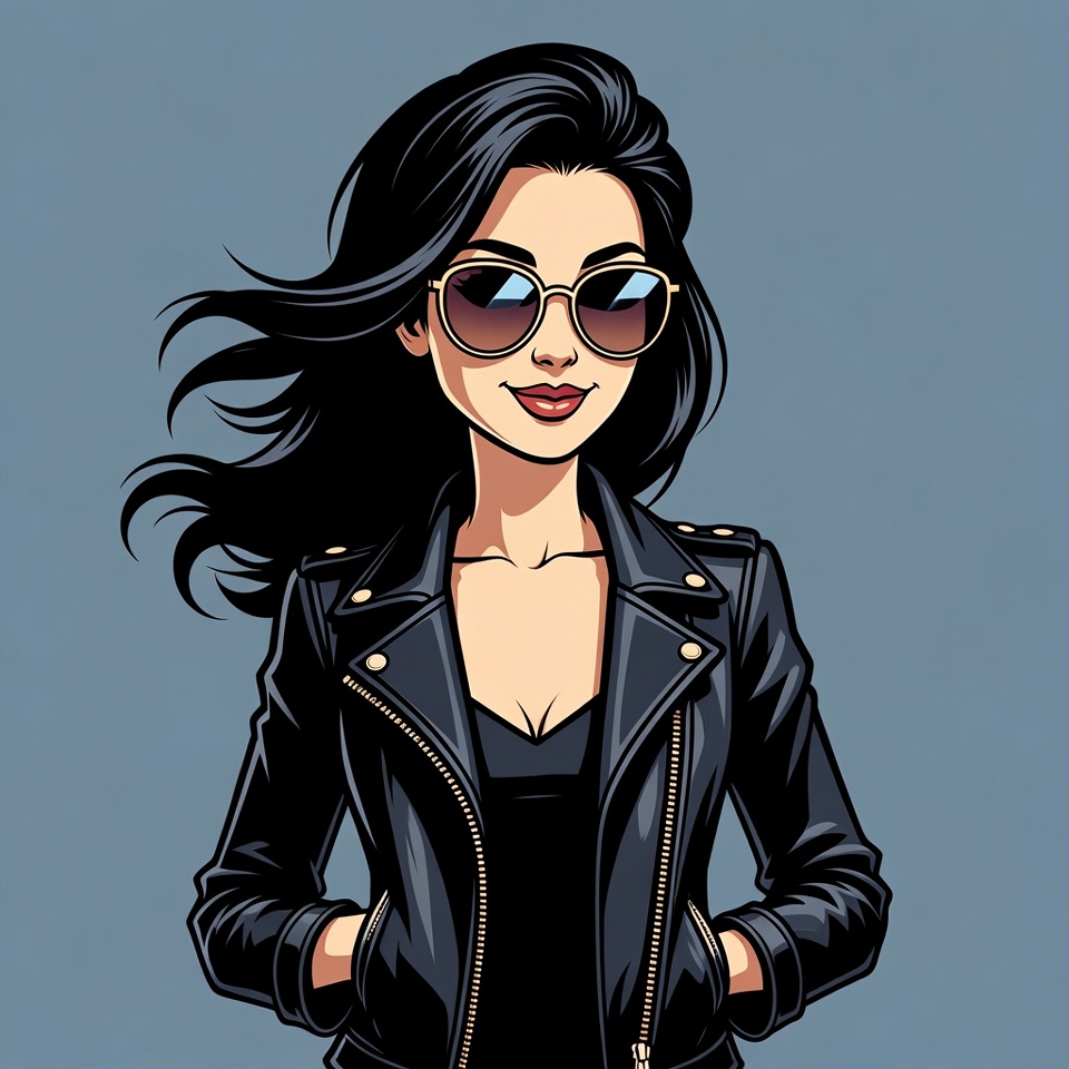Woman in leather jacket with sunglasses Woman in leather jacket with sunglasses