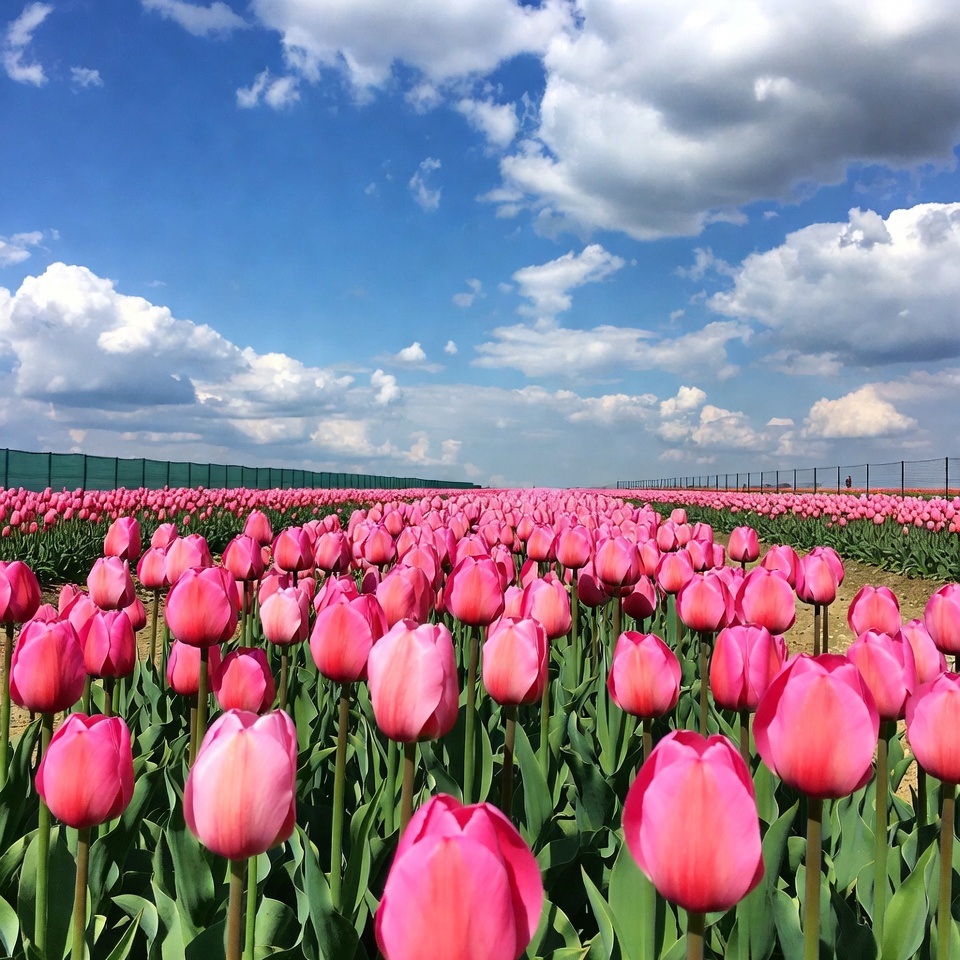 Pink Tulip Field Under Blue Sky Pink Tulip Field Under Blue Sky