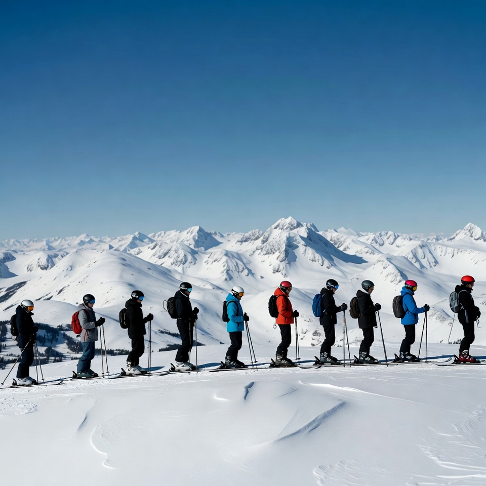 Group of skiers on snowy mountain ridge Group of skiers on snowy mountain ridge