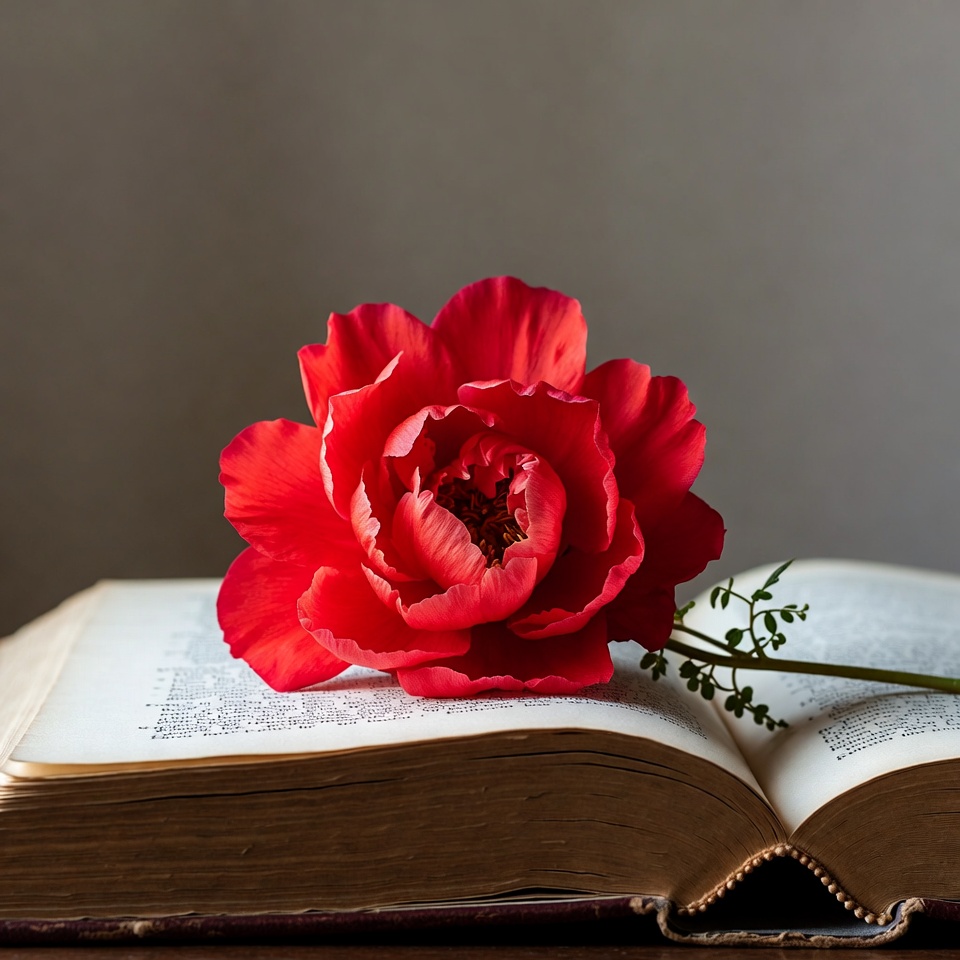 Red Peony on Open Book Red Peony on Open Book