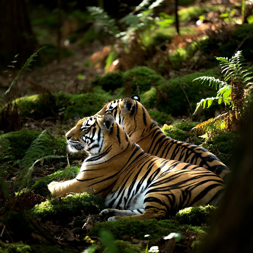 Two Tigers Resting in Forest Two Tigers Resting in Forest