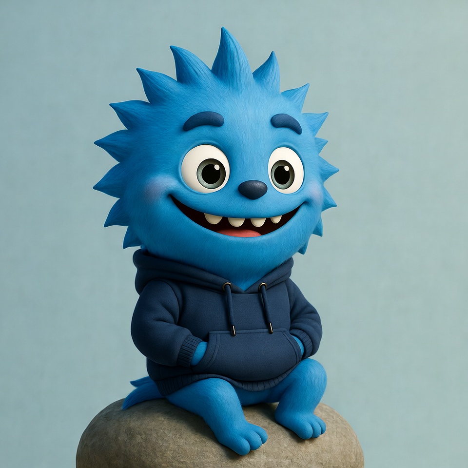 Blue spiky cartoon monster on rock Blue spiky cartoon monster on rock