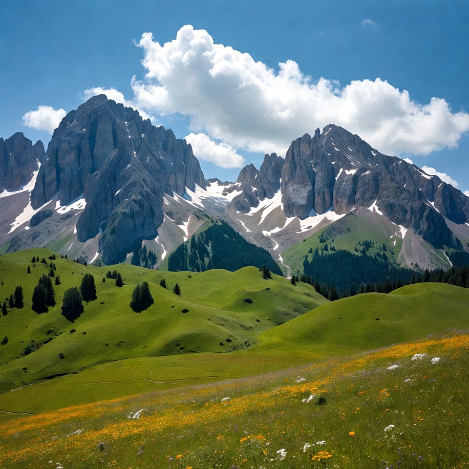 Dolomites Mountains with Green Meadows Dolomites Mountains with Green Meadows
