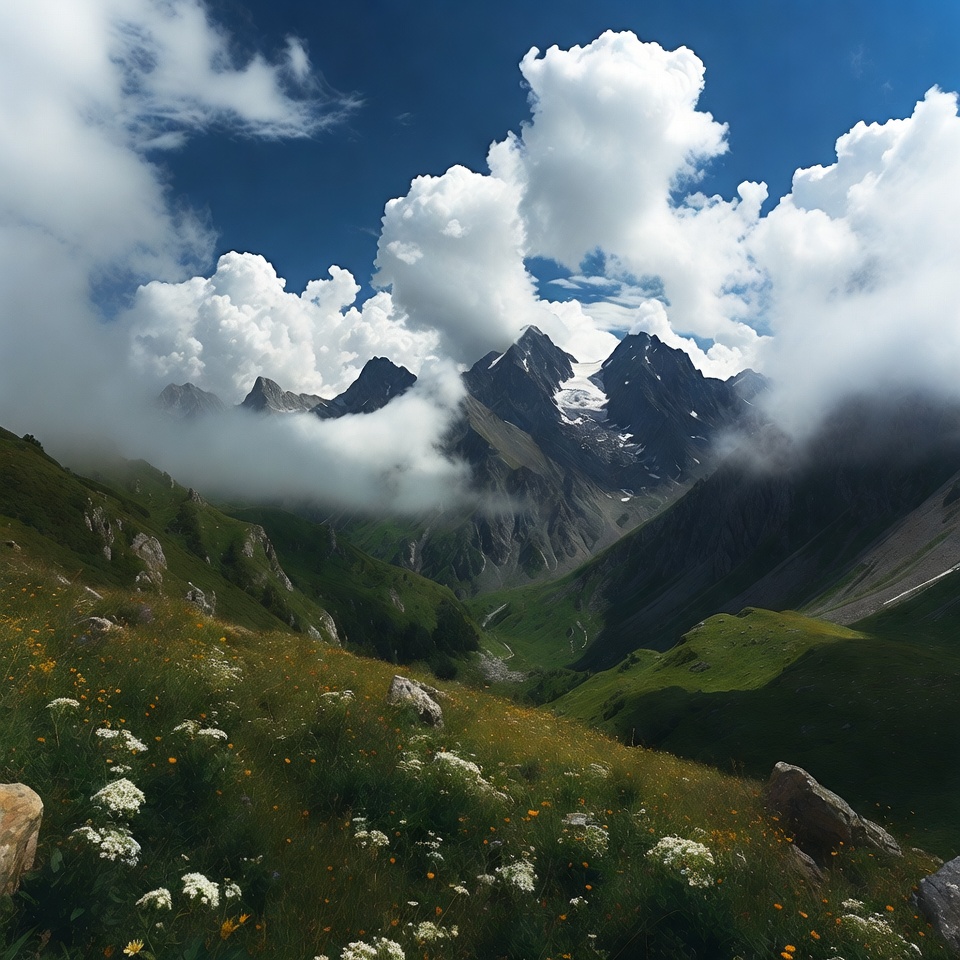 Majestic Snow-Capped Mountains in Green Valley Majestic Snow-Capped Mountains in Green Valley