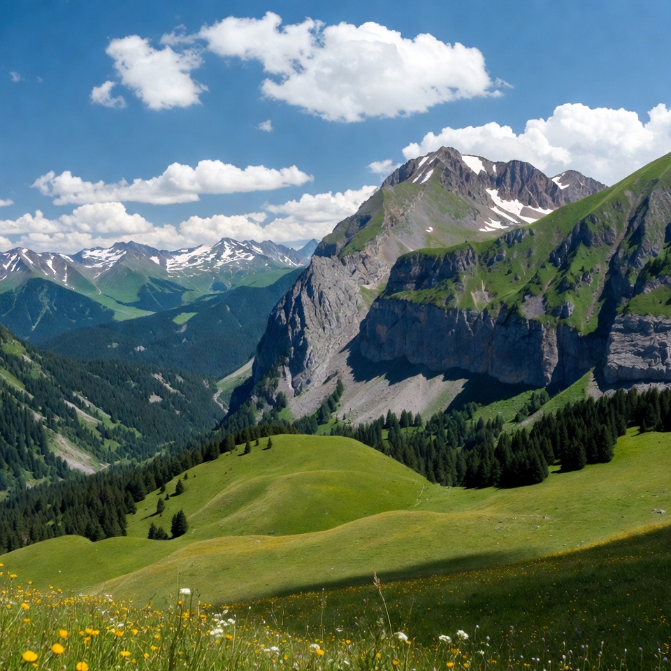 Snow-capped Mountains and Green Alpine Meadows Snow-capped Mountains and Green Alpine Meadows