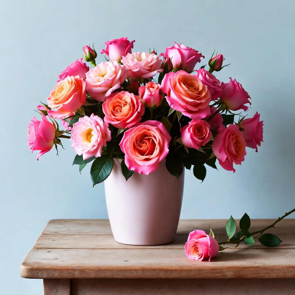 Pink Roses Bouquet in White Vase Pink Roses Bouquet in White Vase