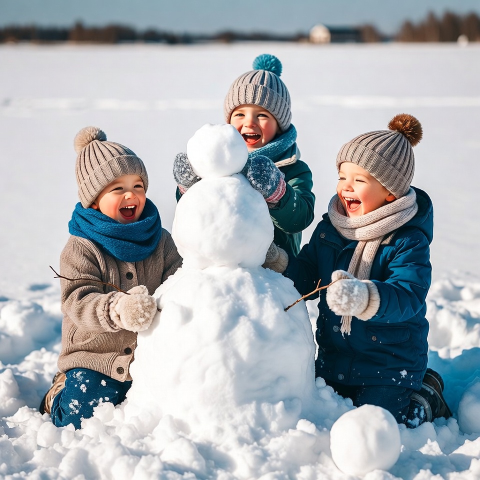 Three children building snowman Three children building snowman