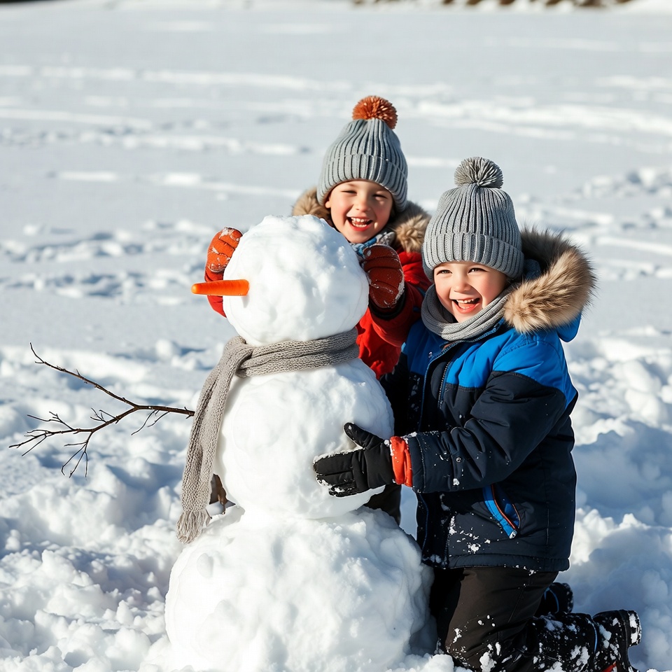 Boy and girl building snowman Boy and girl building snowman