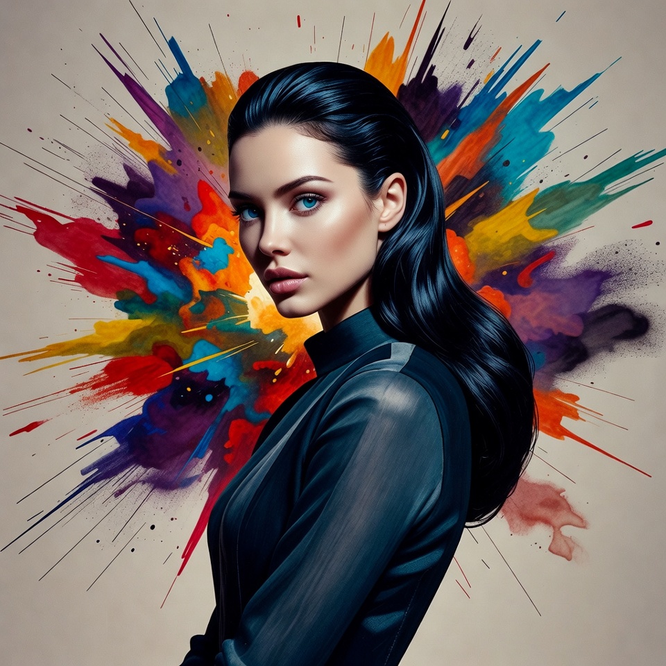 Woman with black hair and colorful splashes Woman with black hair and colorful splashes