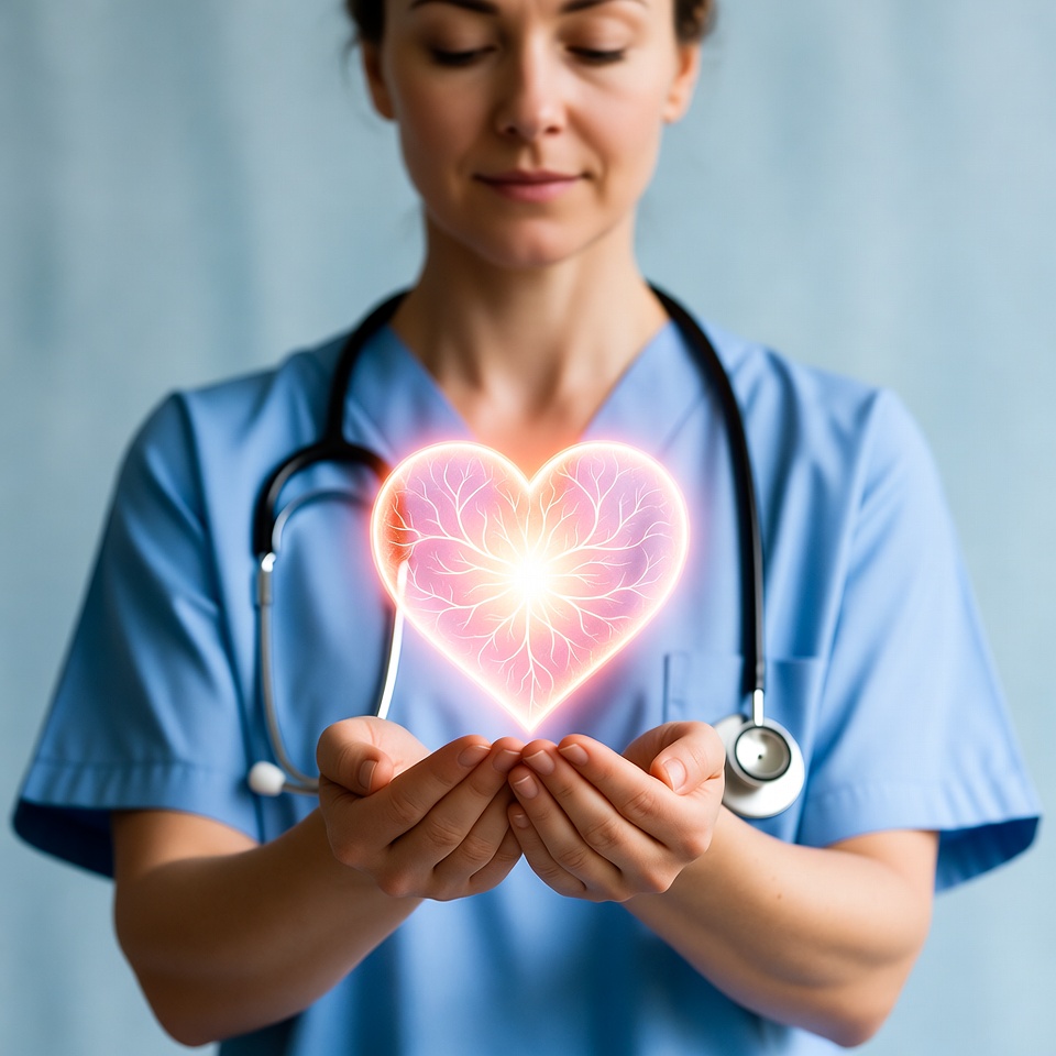 Nurse holding glowing heart Nurse holding glowing heart