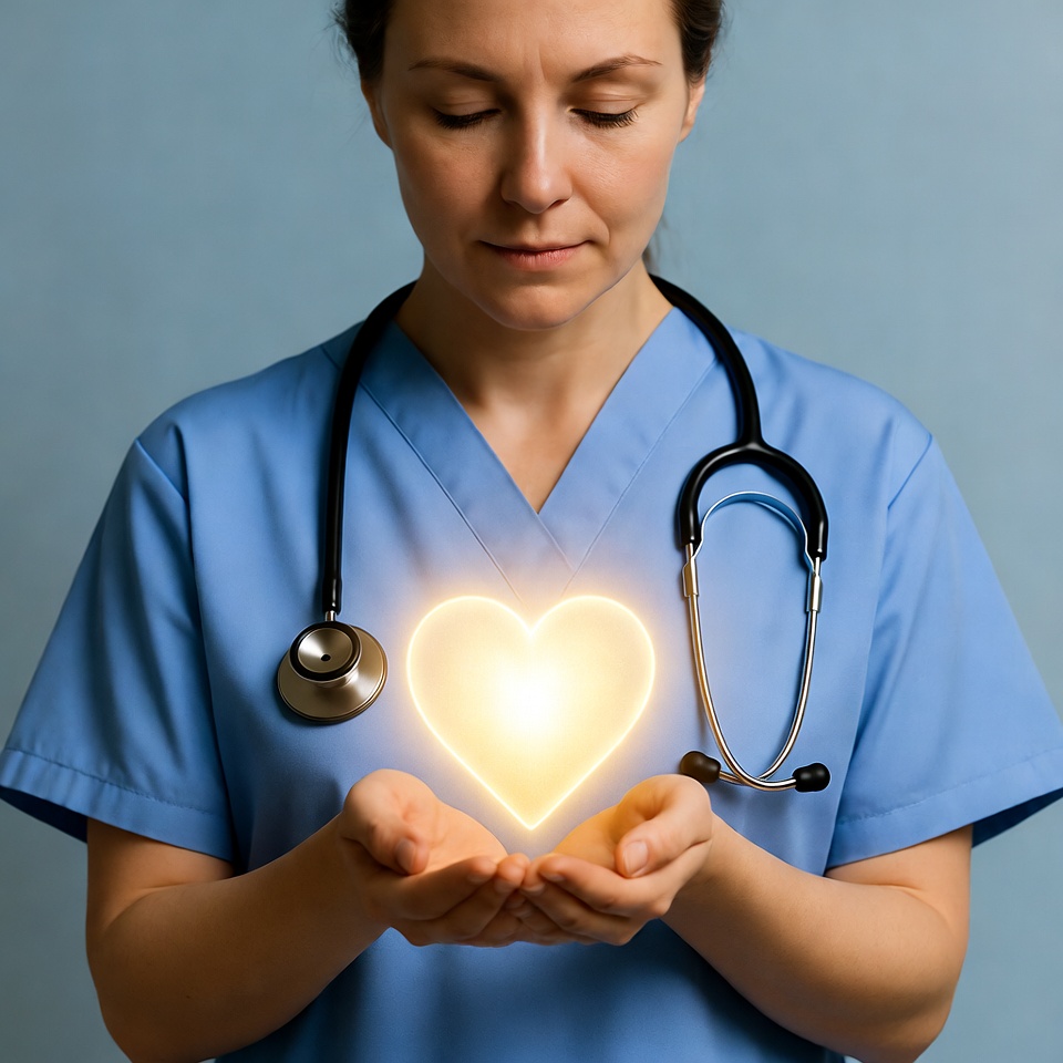 Nurse holding glowing heart Nurse holding glowing heart