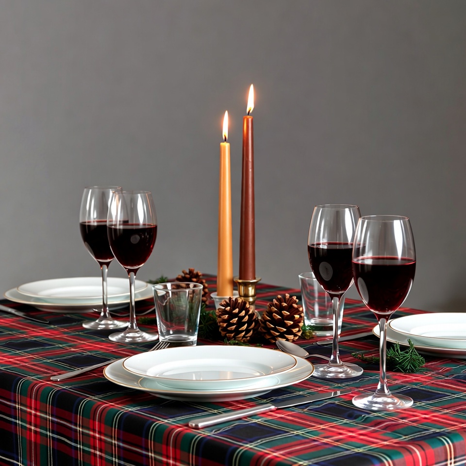 Red Wine Glasses and Candles on Plaid Table Red Wine Glasses and Candles on Plaid Table