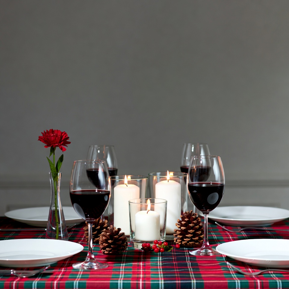Romantic Red Plaid Table with Wine and Candles Romantic Red Plaid Table with Wine and Candles