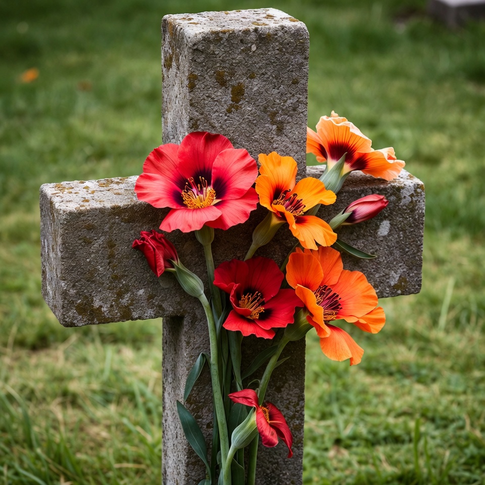Red and Orange Poppies on Stone Cross Red and Orange Poppies on Stone Cross