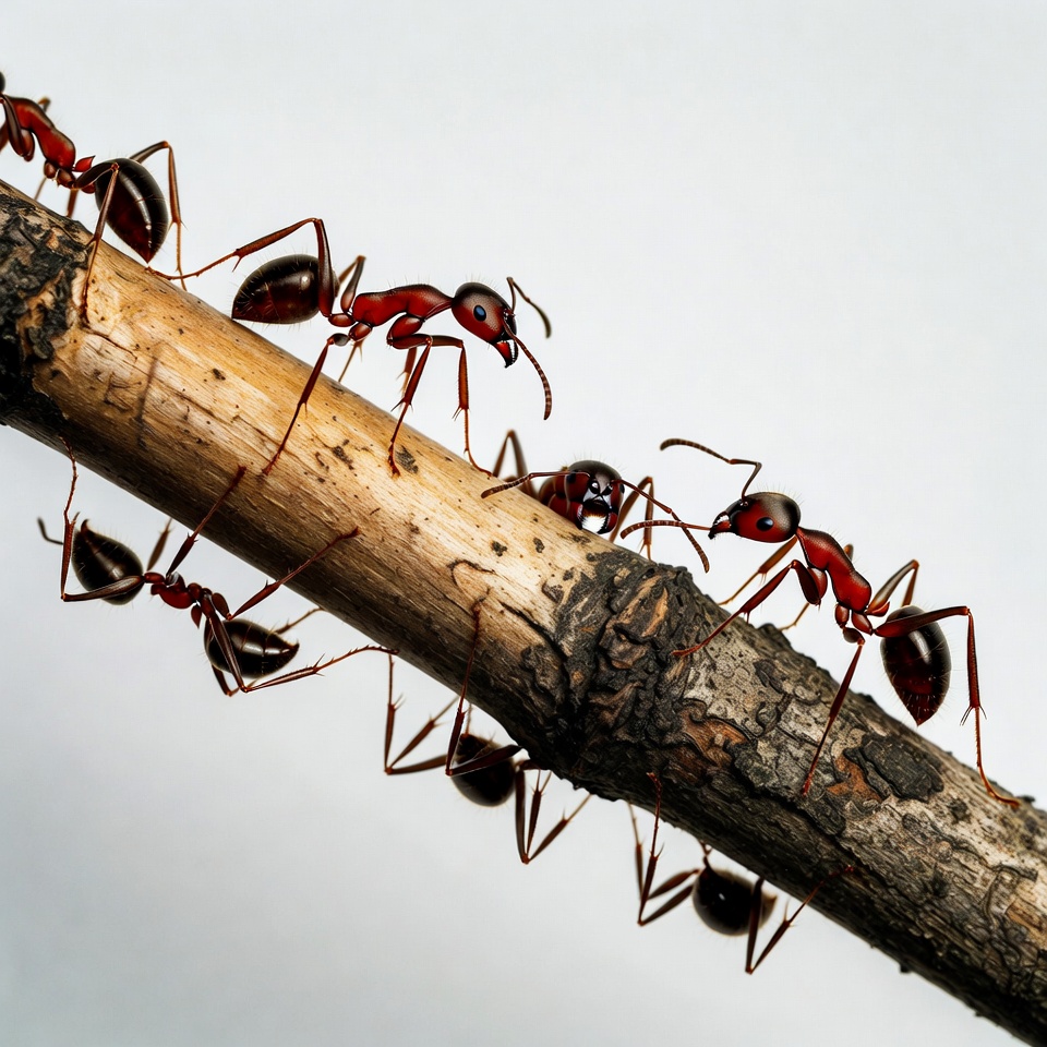 Red ants crawling on wooden stick Red ants crawling on wooden stick