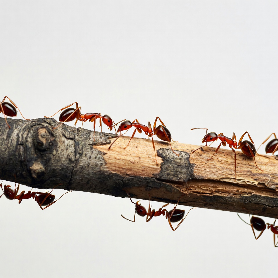 Red ants on wooden branch Red ants on wooden branch