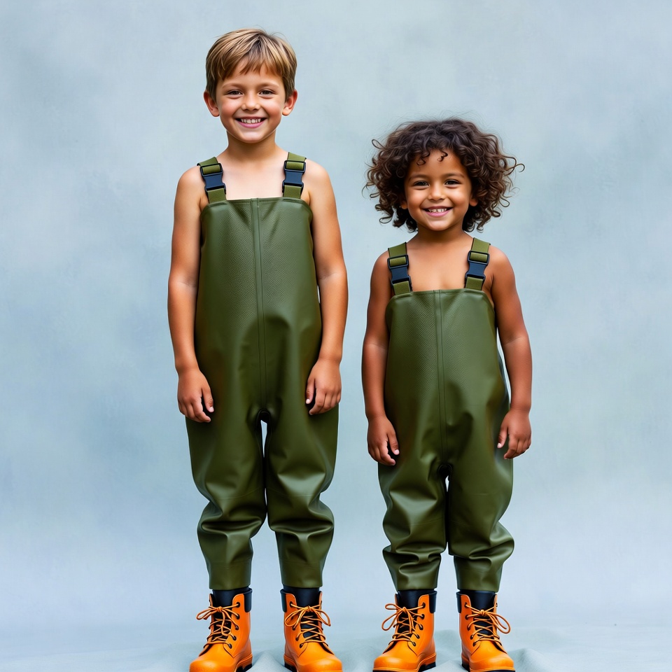 Two boys in green overalls and orange boots Two boys in green overalls and orange boots