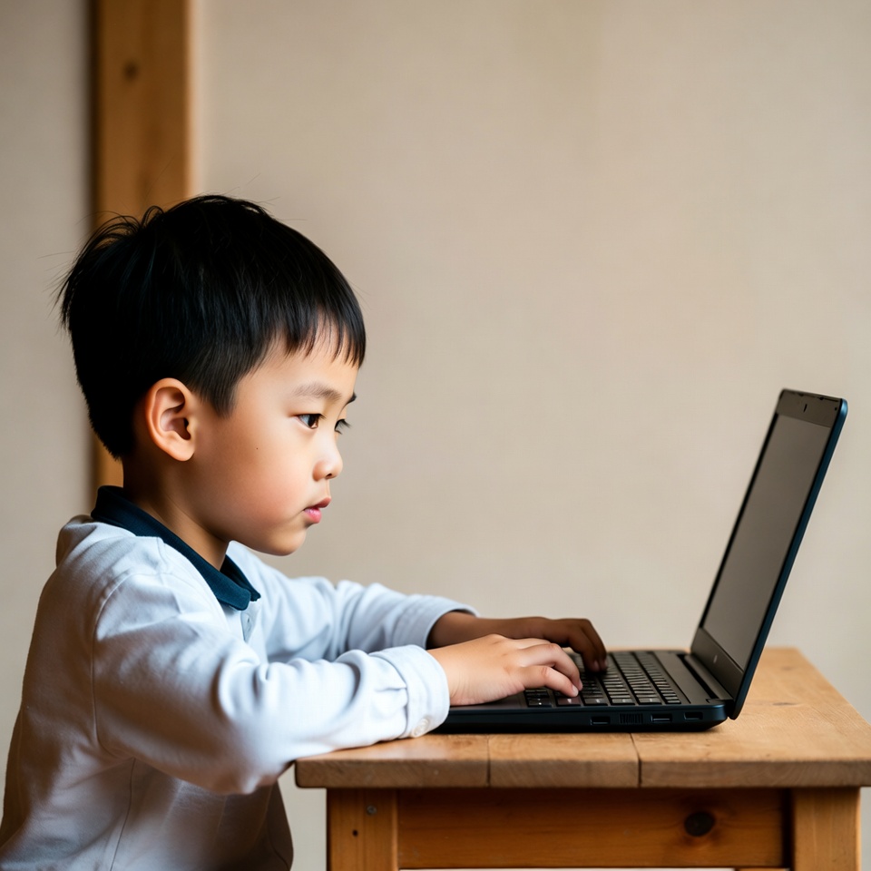 Asian boy typing on laptop Asian boy typing on laptop