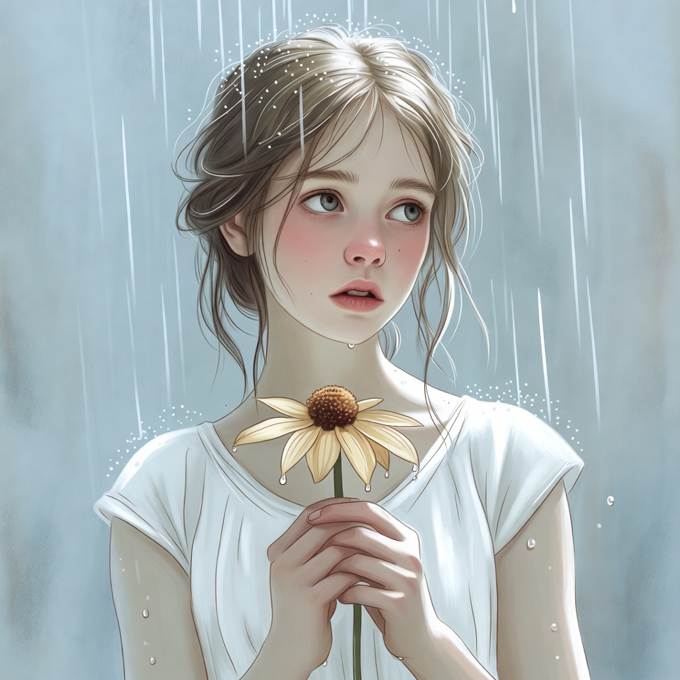 Girl holding daisy in rain Girl holding daisy in rain